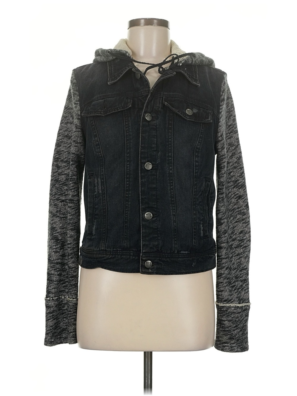 Free People Medium Black Denim Jacket with Gray Knit Sleeves & Hood